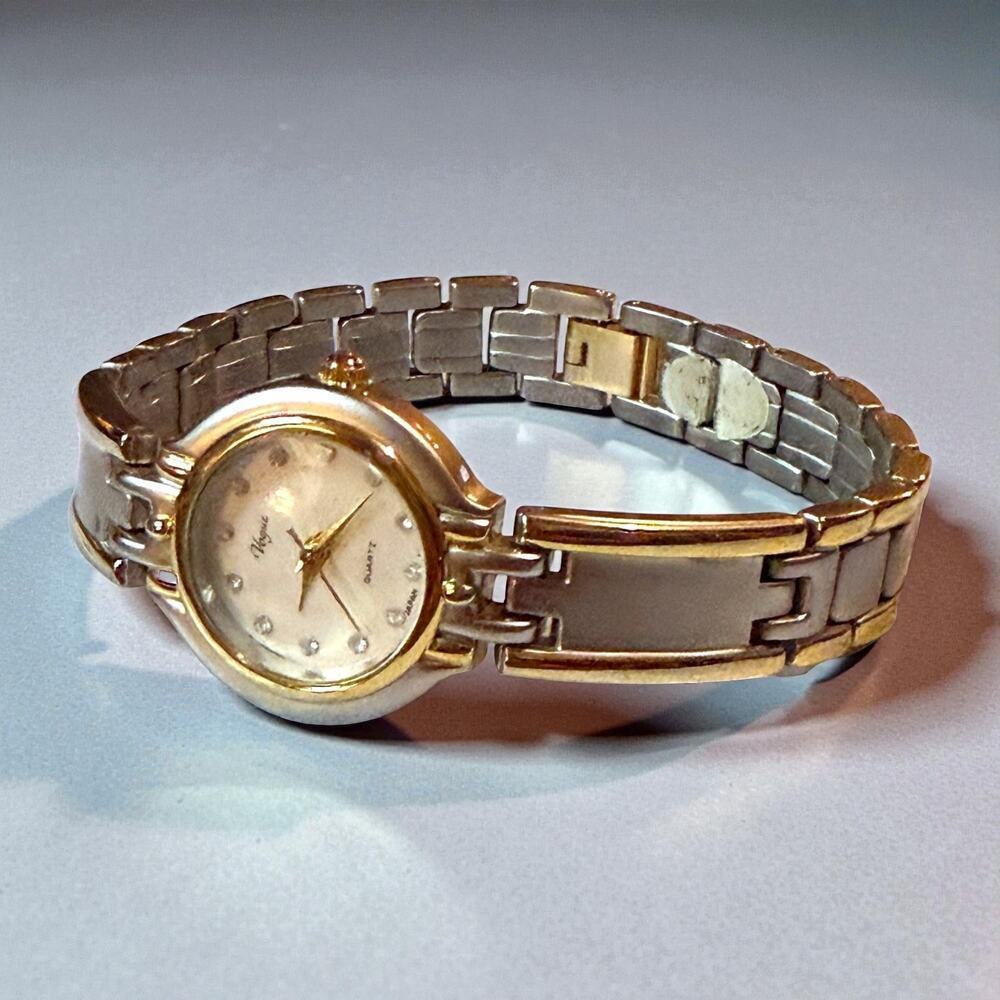 VTG Vogue Dress Watch Womens Two Tone Bracelet Analogue Rhinestone Dial WORKS